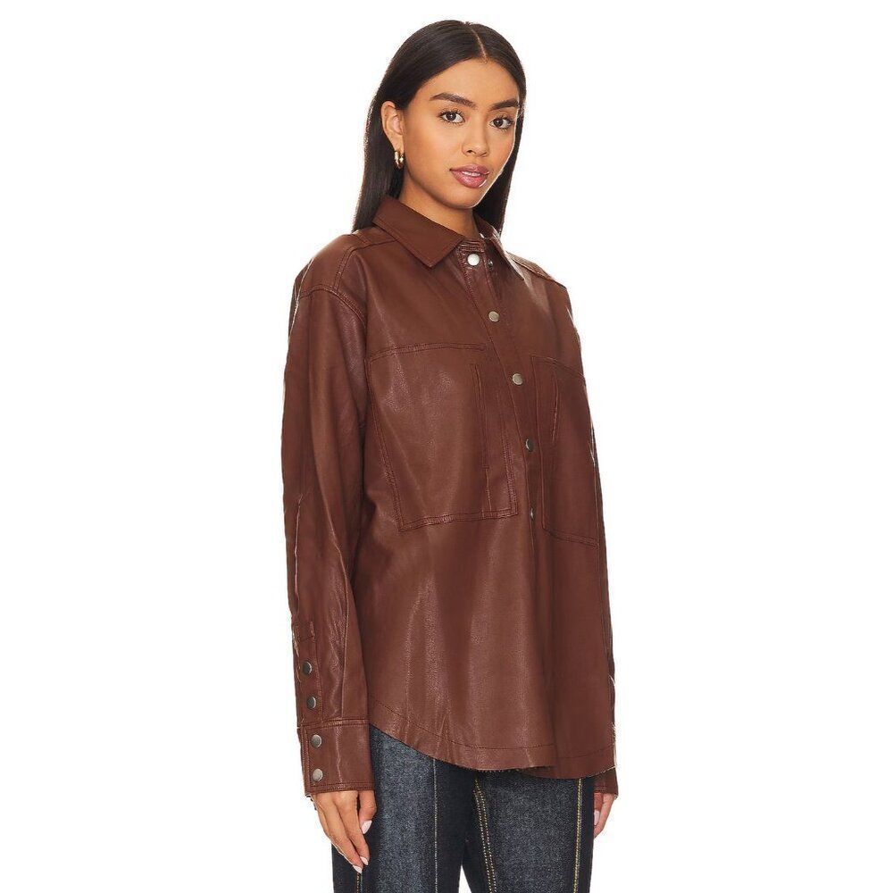 Free People Easy Rider Faux Leather Shirt Jacket Womens Small Brown Desert Topaz - Picture 2 of 9